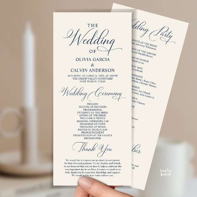 Programa Moderna Ordem de Cerimônia de Casamento Elegante e (Modern Elegant Classy Wedding Ceremony Order Program Card in Navy Blue and ivory)