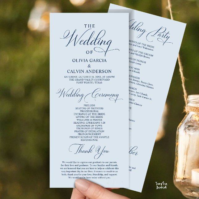 Programa Moderna Ordem de Cerimônia de Casamento Elegante e (Modern Elegant Classy Wedding Ceremony Order Program Card in misty Blue)