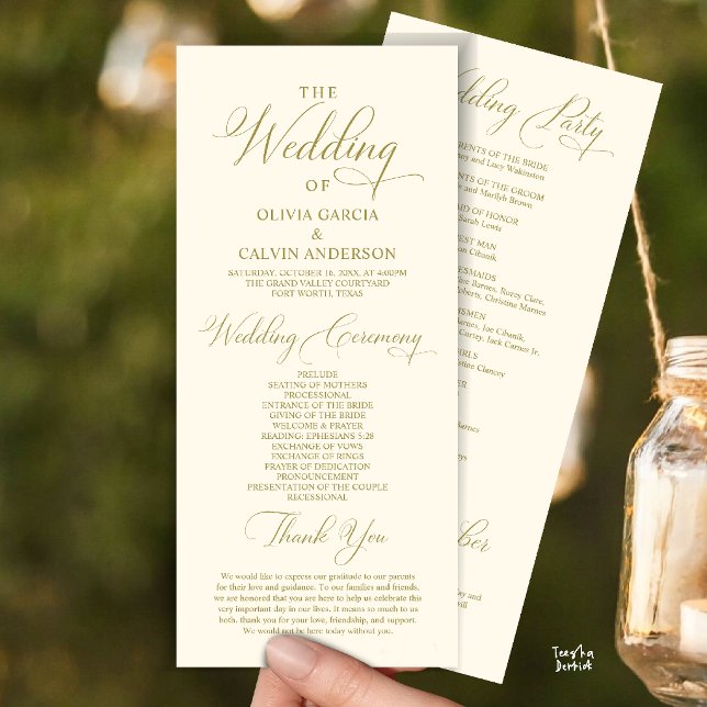 Programa Moderna Ordem de Cerimônia de Casamento Elegante e (Modern Elegant Classy Wedding Ceremony Order Program Card in yellow gold cream)