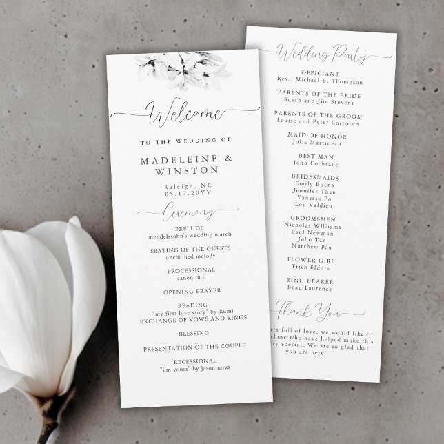 Programa Moderno de Casamento Branca Branca Chic M (modern classic magnolia wedding ceremony program black white calligraphy simple elegant classy)