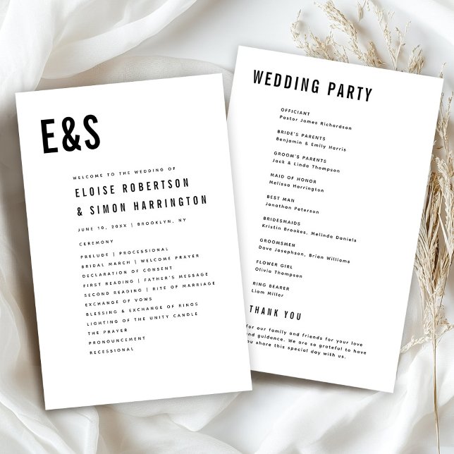 Programa Moderno de Casamento do Monograma Mínimo (Modern Minimalist Bold Monogram Classic Retro Wedding Program)