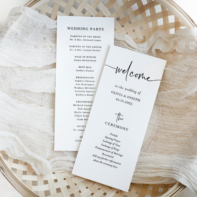 Programa Moderno e minimalista simples | Casamento (A black and white, modern and minimalist wedding program with elegant trendy script)