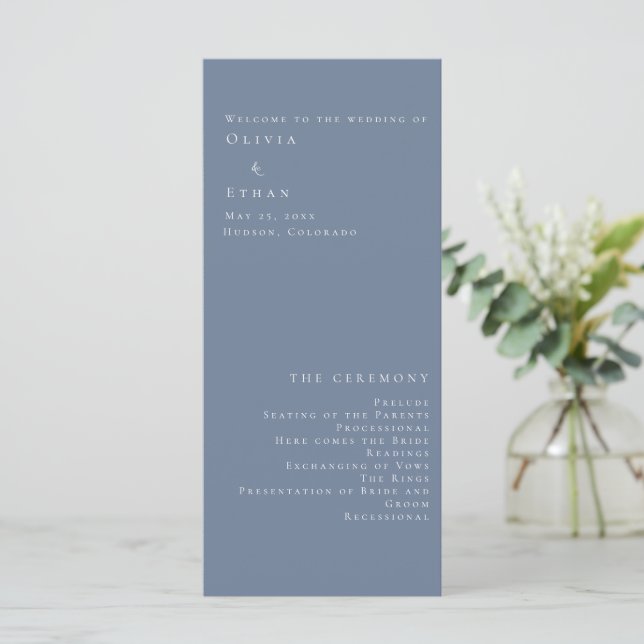 Programa Moderno Minimalista de Casamento Azul (Em pé/Frente)
