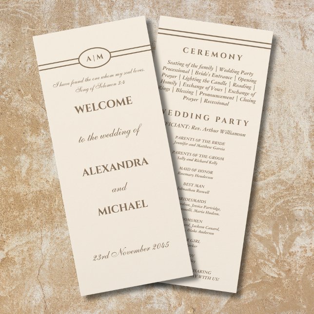 Programa Monogram Brown Cream Christian Wedding Program (Criador carregado)