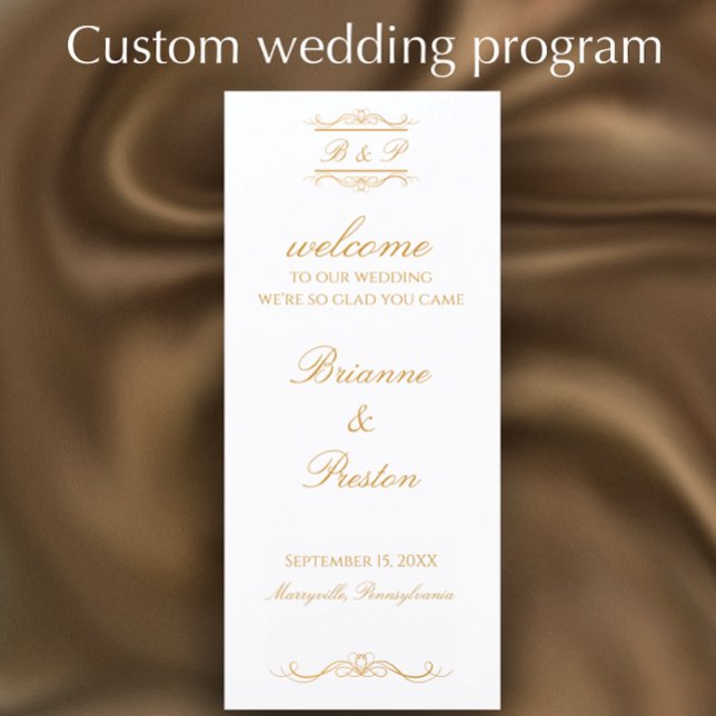 Programa Monograma Personalizado Elegante Moderno Casamento (Customize this elegant monogram wedding program with your own golden script words
)
