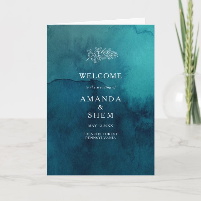 Programa Moody Ocean Watercolor Folded Wedding Program (Frente)