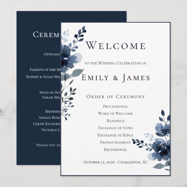 Programa Navy Blue Botanical Wedding (Frente/Verso)