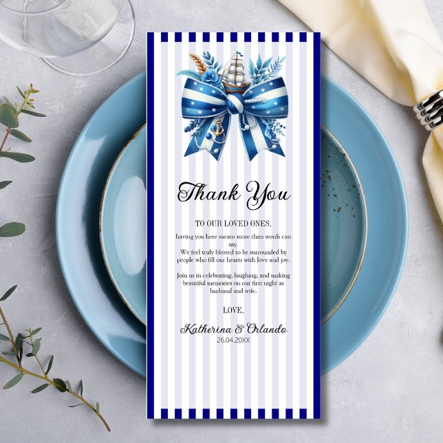 Programa Navy Blue Bow Wedding Place Setting Thank You Card (Criador carregado)