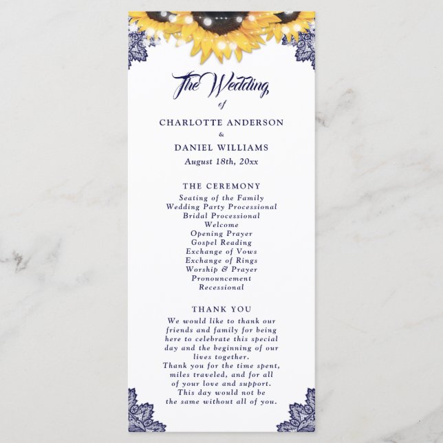 Programa Navy Blue Sunflower Floral Lace Wedding Program (Frente)