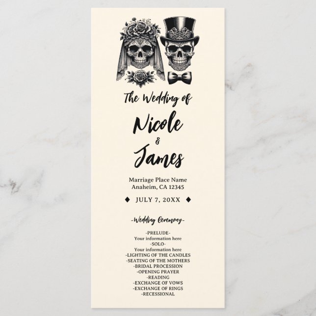 Programa Noiva Esqueleto Vintage Preto e Dourado Casamento  (Frente)