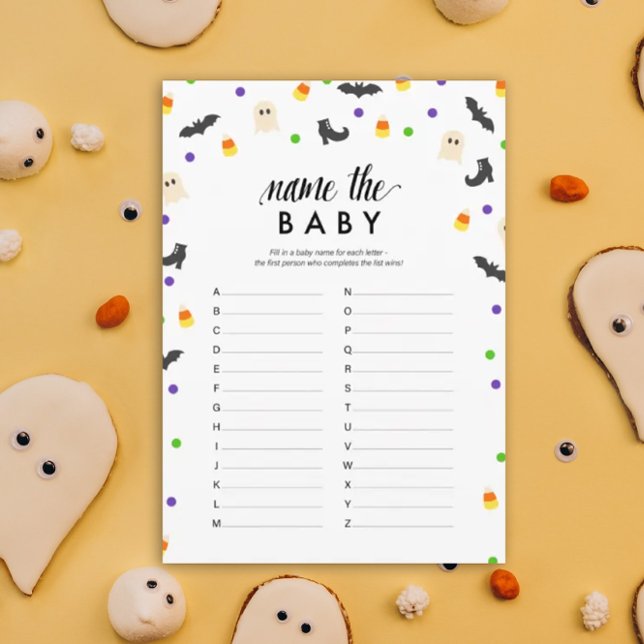 Programa O tema do Halloween chama o jogo do chá de fraldas (Name the baby Halloween theme baby shower game)