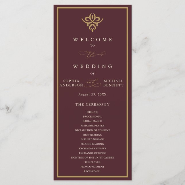 Programa Old Money Burgundy Wedding Program (Frente)