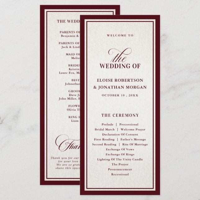 Programa Old Money Modern Formal Burgundy Luxury Wedding (Frente/Verso)