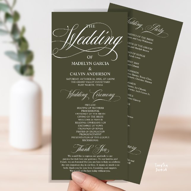 Programa Olive Green Moderno Script Casamento Tudo Em Um (Modern Script All In One Wedding Program Card in Olive Green)