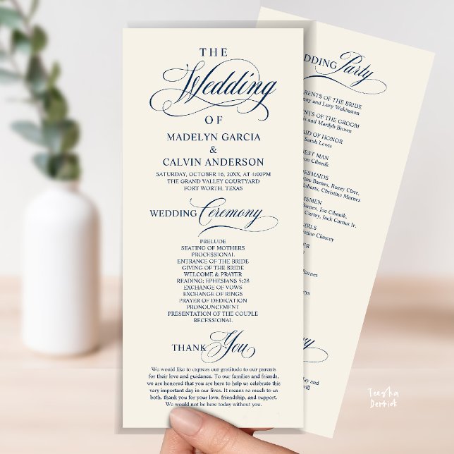Programa Ordem de Cerimônia de Casamento Azul Marinho Cláss (Elegant Classy Gold Script Wedding Ceremony Order Program Card in Navy Blue Ivory)