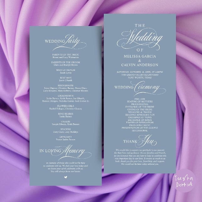 Programa Ordem de Cerimônia de Casamento Clássica e Elegant (Elegant Classy Wedding Ceremony Order Program Card in Dusty Blue)