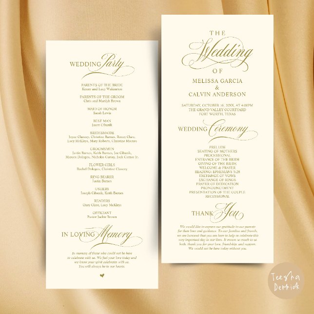 Programa Ordem de Cerimônia de Casamento Clássica e Elegant (Elegant Classy Wedding Ceremony Order Program Card in Gold and Cream)