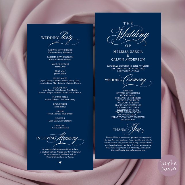 Programa Ordem de Cerimônia de Casamento Clássica e Elegant (Elegant Classy Wedding Ceremony Order Program Card in Navy Blue)