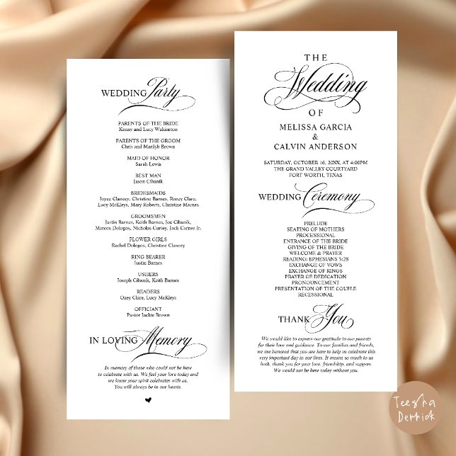 Programa Ordem de Cerimônia de Casamento Clássica e Elegant (Elegant Classy Wedding Ceremony Order Program Card in Black and White)