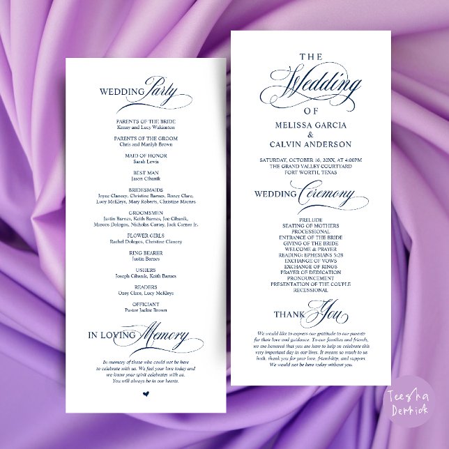 Programa Ordem de Cerimônia de Casamento Clássica e Elegant (Elegant Classy Wedding Ceremony Order Program Card in Navy Blue)