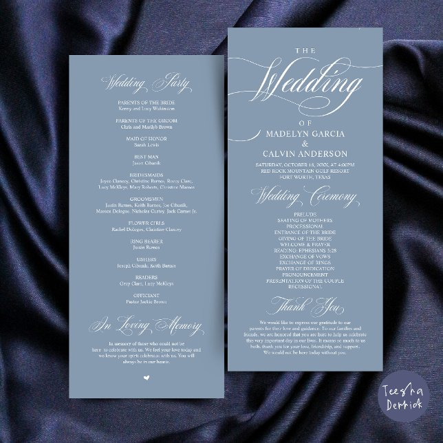 Programa Ordem de Cerimônia de Casamento Elegância Clássica (Classic Elegance Wedding Ceremony Order Thank you Program Card in Dusty Blue)