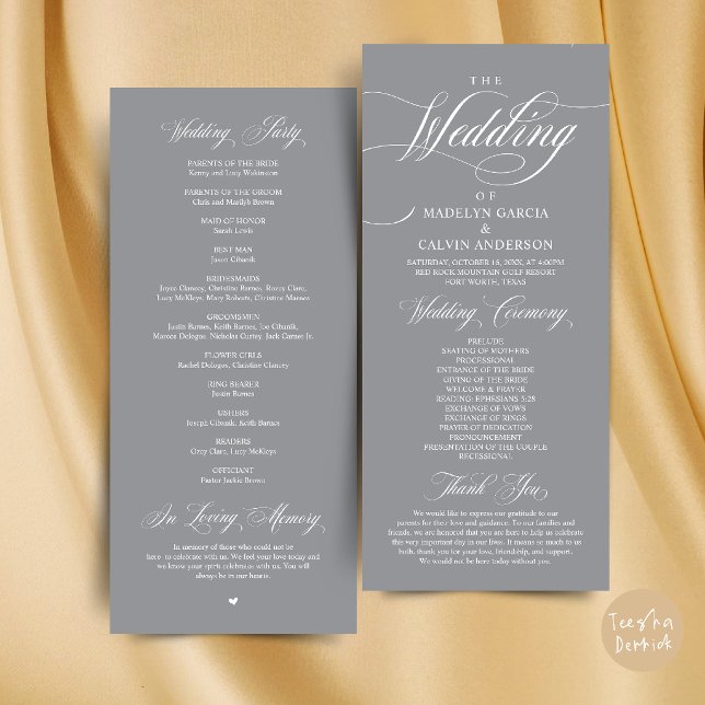 Programa Ordem de Cerimônia de Casamento Elegância Clássica (Classic Elegance Wedding Ceremony Order Thank you Program Card in Dark Grey)
