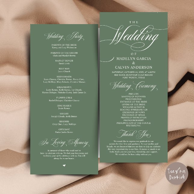Programa Ordem de Cerimônia de Casamento Elegância Clássica (Classic Elegance Wedding Ceremony Order Thank you Program Card in Sage Green)