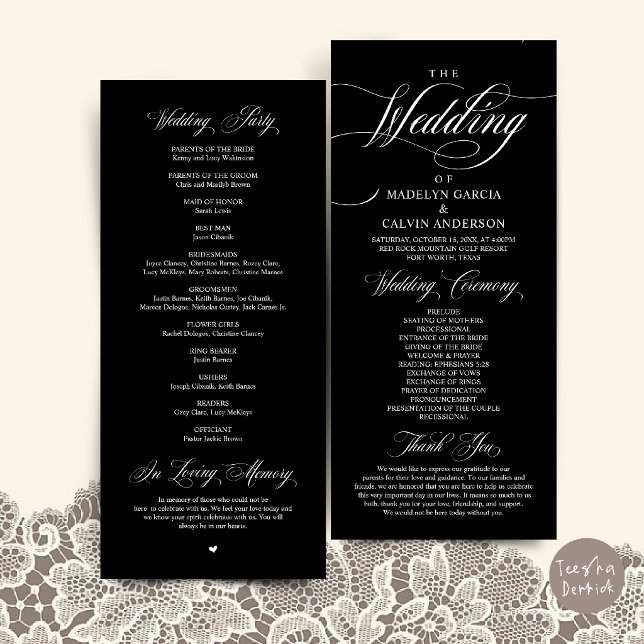 Programa Ordem de Cerimônia de Casamento Elegância Clássica (Classic Elegance Wedding Ceremony Order Thank you Program Card in Black and White)