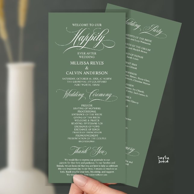 Programa Ordem de Cerimônia de Casamento Elegante, Azul-Nav (Elegant Wedding Ceremony Order, Classy Sage Green Program Card)