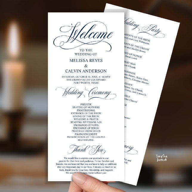 Programa Ordem de Cerimônia de Casamento Elegante, Azul Nav (Elegant Wedding Ceremony Order, Party, Memorial, Classy Program Card in Navy Blue)