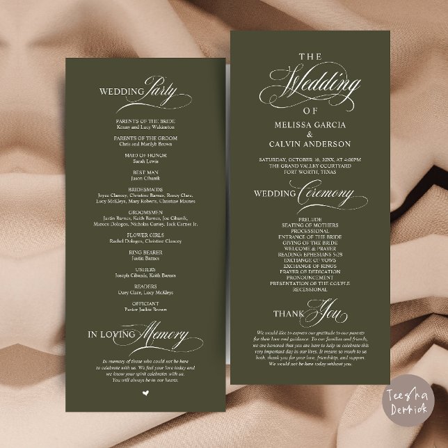 Programa Ordem de Cerimônia de Casamento Elegante e Sofisti (Elegant Classy Wedding Ceremony Order Program Card in Olive Green)