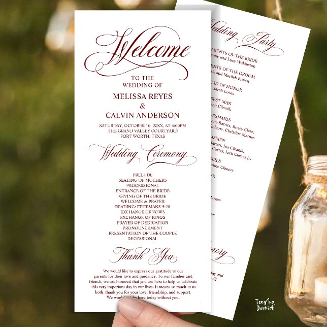 Programa Ordem de Cerimônia de Casamento Elegante, Vermelho (Elegant Wedding Ceremony Order, Party, Memorial, Classy Program Card in Burgundy Wine Red)