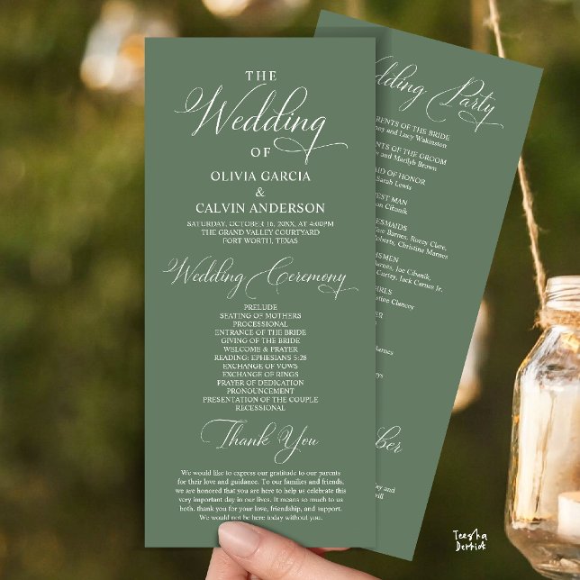 Programa Ordem de Cerimônia de Casamento Moderna e Elegante (Modern Elegant Classy Wedding Ceremony Order Program Card in sage green)