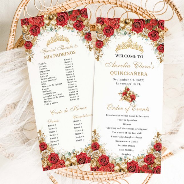 Programa Ordem de Eventos Floral Vermelho e Dourado para Qu (Criador carregado)