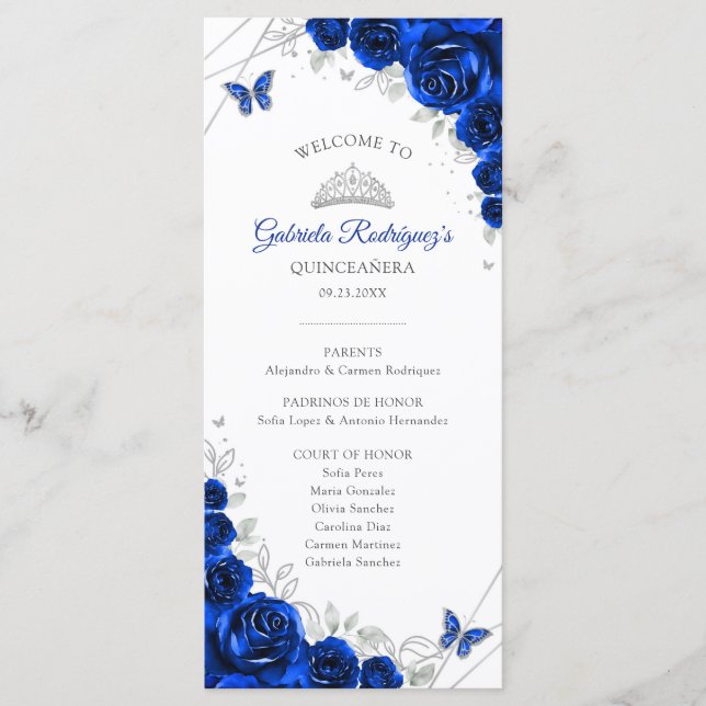 Programa Ordem de Eventos Quinceanera Azul Real Prata (Frente)