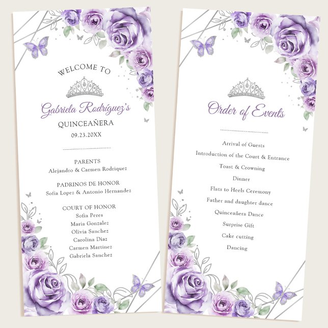 Programa Ordem de Eventos Quinceanera Floral Lilás Prata (Criador carregado)