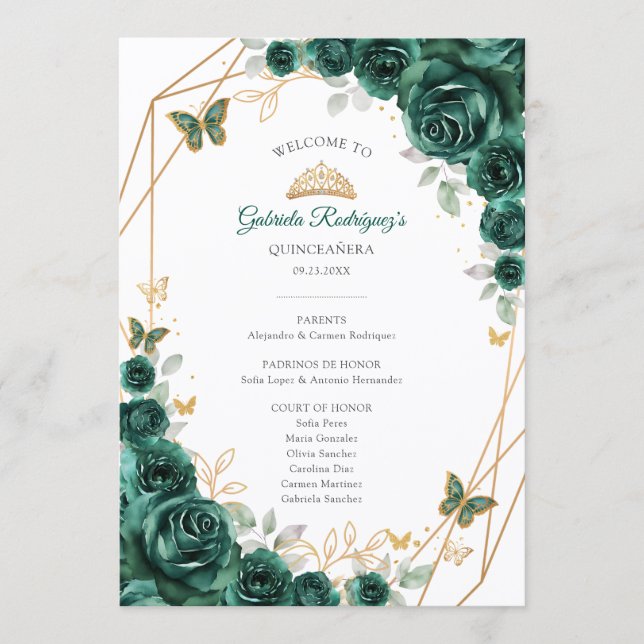 Programa Ordem de Eventos Quinceanera Floral Verde Dourado (Frente)