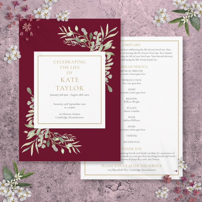Programa Ordem de Serviço de Funeral com Folhagem Verde (Greenery Foliage Funeral Memorial Order Of Service Program)