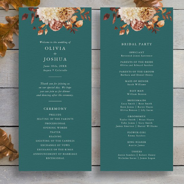 Programa Outono Azul-esverdeado (Elegant Teal Fall Floral Wedding Program by Painted Paperie)