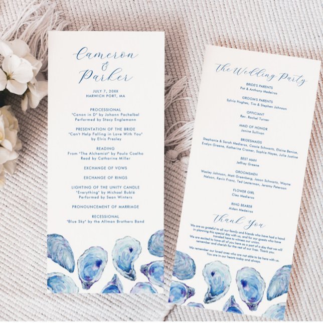 Programa Oyster Watercolor Beach Casamento Duplo (Oyster Watercolor Beach Wedding Programs tall double sided editable from Concertina Press)