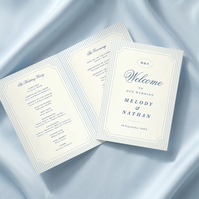Programa Papel Dobrado Clássico de Listras Azuis Claras par (classic light blue stripes folded wedding paper program)