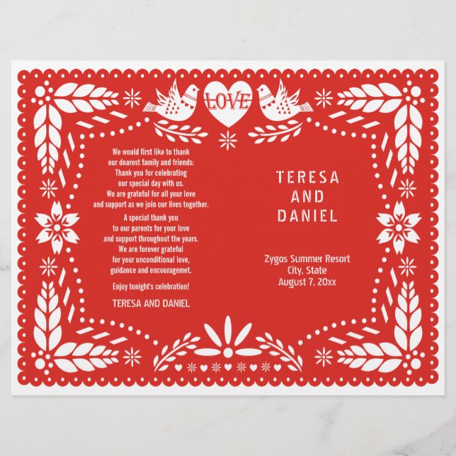 Programa Papel Picado vermelho fiesta de casamento (Frente)