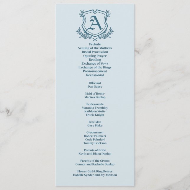 Programa Pastel Blue Leaf e Floral Monogramas Casamento (Frente)