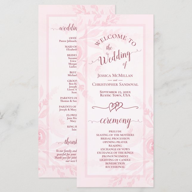 Programa Pastel Pink Watercolor Peonies Elegant Wedding (Frente/Verso)