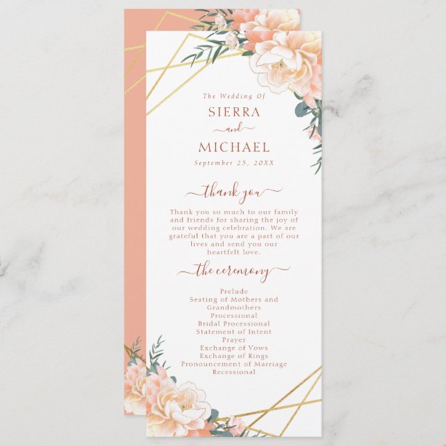 Programa Peach Cream Floral Dourada Terracotta Casamento (Frente/Verso)