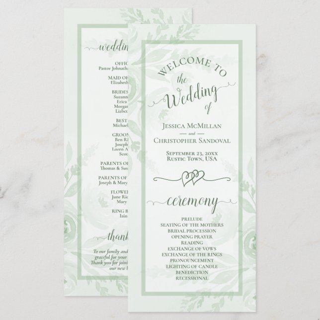 Programa Peônias em Aquarela Verde Salvia Casamento Boho El (Frente/Verso)