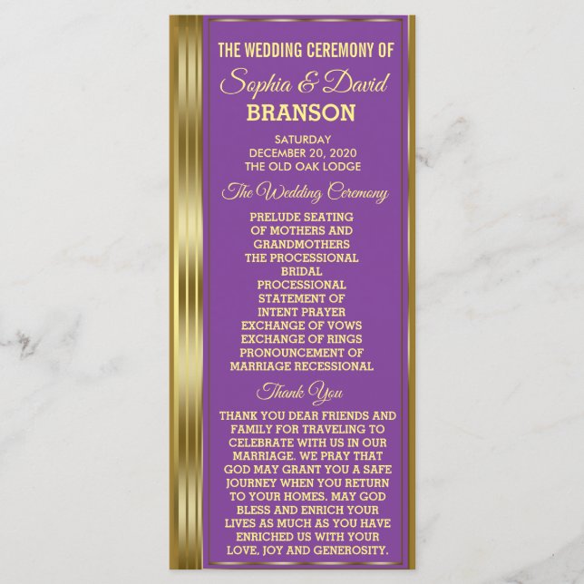 Programa Personalizado de Casamento Dourado e Roxo (Frente)