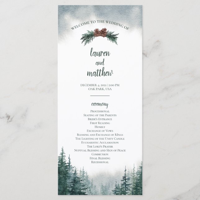 Programa Pine Tree Rustic Wedding Flat Ceremony Program (Frente)