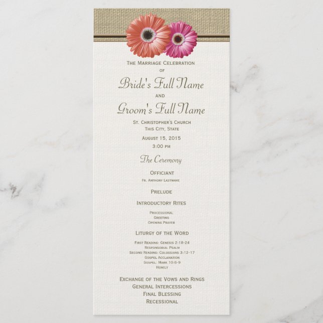Programa Pink e Orange Gerbera Daisy Weding Program (Frente)