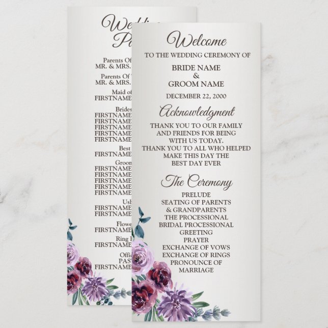 Programa Pink Red Floral Geometric Watercolor Wedding (Frente/Verso)